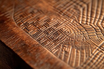 Aufkleber - Close-up of intricately carved wooden surface with geometric patterns.