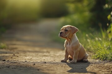 Wall Mural - Adorable fawn puppy sitting on a dirt path in a sunlit forest.