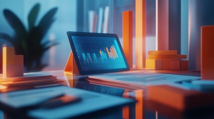 Fototapete - Tablet displaying financial graphs sits on a desk with paperwork and abstract geometric shapes.