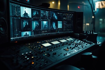 Video editing suite with large monitor displaying multiple video feeds and professional audio mixer.