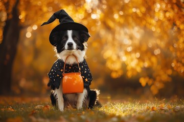 Wall Mural - Adorable border collie dog in witch costume with candy bucket, sitting in autumn leaves.