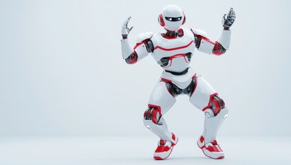 Poster - Dancing robot, white and red, futuristic design, against white background.