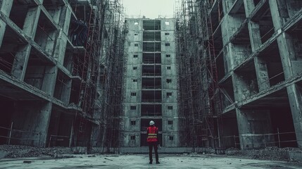 Poster - Construction worker standing amidst unfinished high-rise building.