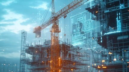 Aufkleber - Construction crane and digital blueprint of offshore oil rig platform under construction.
