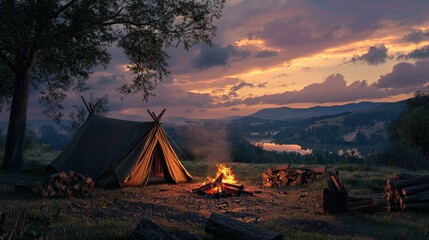 tourist camp with fire, tent and firewood landscape nature