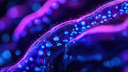 Poster - Abstract vibrant neon blue and purple glowing liquid with particles.