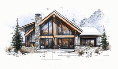 Poster - Architectural sketch of a modern chalet in snowy mountains.