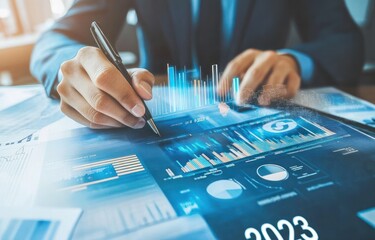 Poster - Businessman analyzing financial data and charts on a digital tablet in 2023.