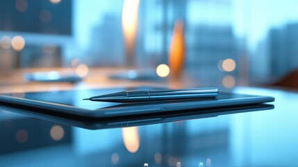 Aufkleber - Tablet and pen on a reflective surface in a modern office.