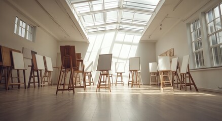 Aufkleber - Sunlit art studio interior with easels and canvases.