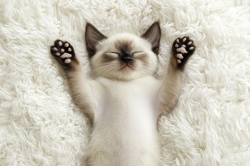 Wall Mural - Adorable kitten sleeping peacefully on a fluffy white rug, paws outstretched.