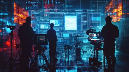 Leinwandbilder - Film crew works in futuristic control room with holographic displays.