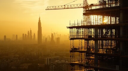 Aufkleber - Sunset cityscape with skyscraper under construction.