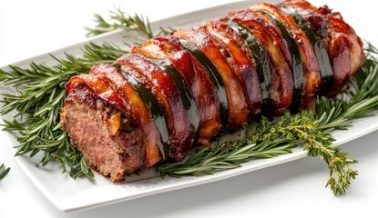 Sticker - Glazed meatloaf wrapped in bacon and peppers, garnished with rosemary sprigs on a white platter.