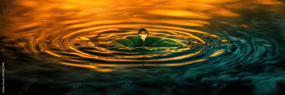 Water drop impact, creating concentric ripples on dark teal and orange ...