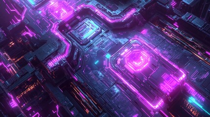 Leinwandbilder - Abstract futuristic cyberpunk technology background with glowing neon pink and blue lines on dark metal surface.