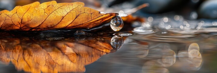 Poster - Autumn leaf resting on water with a droplet, reflecting in the still surface.