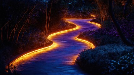 Aufkleber - Illuminated pathway winding through a lush, dark garden at night.