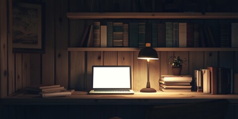 Poster - Laptop on wooden desk with bookshelves, lamp, and plant at night.