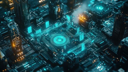 Aufkleber - Futuristic city-like digital circuit board with glowing central processor.