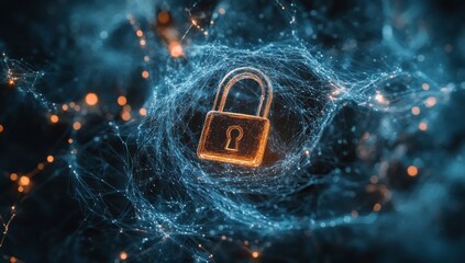 Poster - Glowing padlock secured within a digital network, symbolizing cybersecurity and data protection.