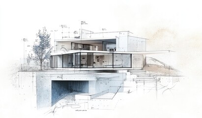 Poster - Architectural sketch of modern house design with underground garage and hillside location.