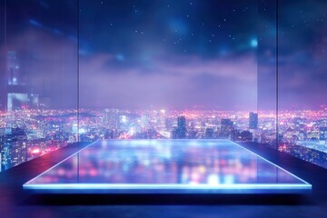 Aufkleber - Night city view from a modern glass building with a glowing platform.