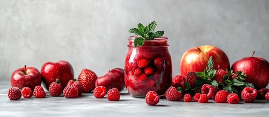 Sticker - Red fruit smoothie in jar with apples and raspberries.