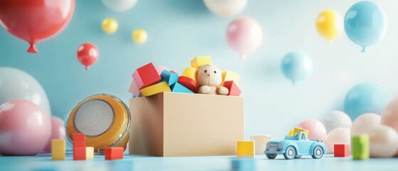 Poster - Colorful toys and balloons in a cardboard box, on pastel background.