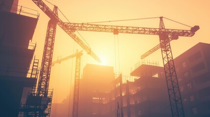 Poster - Construction site at sunset with multiple cranes and buildings under construction.
