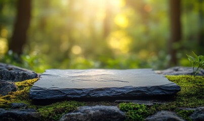 Poster - Dark slate stone platform on mossy rocks with sunlit forest background.