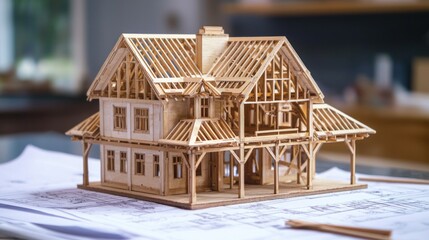 Poster - Wooden model house on blueprints.