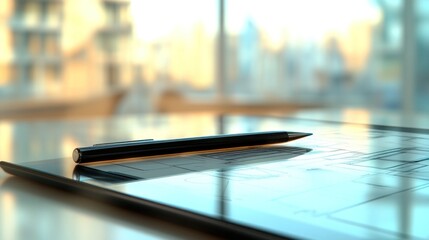 Poster - Black pen rests on tablet displaying architectural blueprints near bright window.