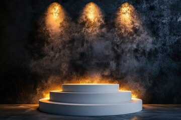 Aufkleber - Three-tiered white podium illuminated by spotlights against a dark smoky grunge wall.