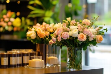 Leinwandbilder - Stylish storefront display featuring elegant flower arrangements in glass vases with decorative candles. Generative AI