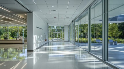 Aufkleber - Modern building hallway with large windows, sunlight streaming through, and polished floor.
