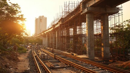 Aufkleber - Elevated railway construction at sunset, showing tracks, scaffolding, and concrete pillars.