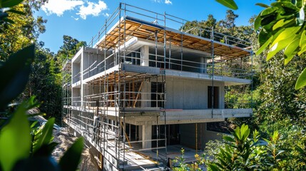 Poster - Modern concrete building under construction, scaffolding visible, surrounded by lush greenery.