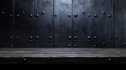 Aufkleber - Dark wooden table against a riveted metal wall background.