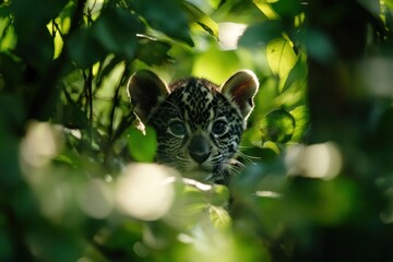 Poster - Adorable jaguar cub peeking from lush green foliage, sunlight filtering through leaves.
