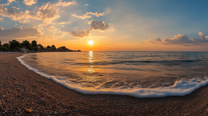 Wall Mural - golden sunset over the tranquil ocean shoreline with gentle waves lapping at the pebbled beach