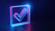 © hardvicore - Square neon checkbox. Tick symbol. 3D rendering. Dark backdrop.