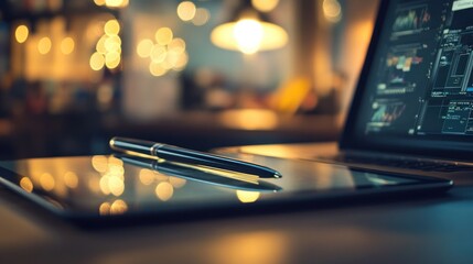 Poster - Tablet, laptop, and pen on a desk at night.