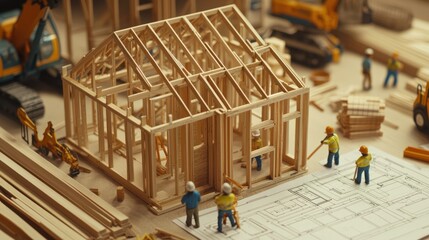 Poster - Miniature house under construction with blueprints and workers.