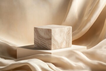 Fototapete - Beige marble cube on cream silk fabric pedestal.