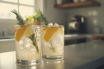 Sticker - Two refreshing cocktails with lemon and rosemary garnishes on kitchen counter.