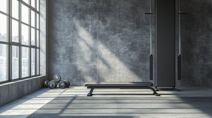 Poster - Minimalist gym interior with weight bench, dumbbells, and large window.