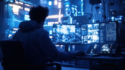 Aufkleber - Hacker working late at night in front of multiple monitors, analyzing data streams.