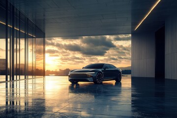 Poster - Sleek luxury car parked in a modern architectural space with sunset reflections and vibrant skyline. Generative AI