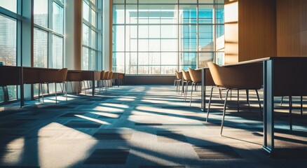 Aufkleber - Sunlit modern office lobby with empty desks and chairs.